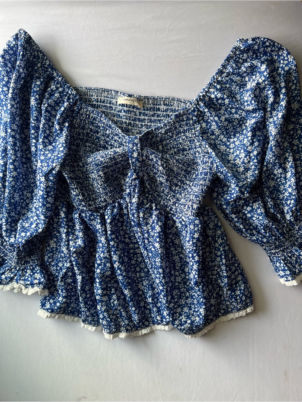 Sunday Blue Floral Smocked Puff Sleeve Peplum Top